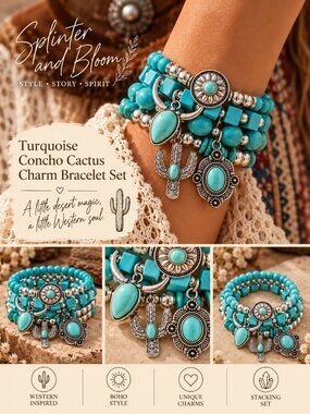 NWT Western Turquoise Concho Cactus Charm Bracelet Stack Set